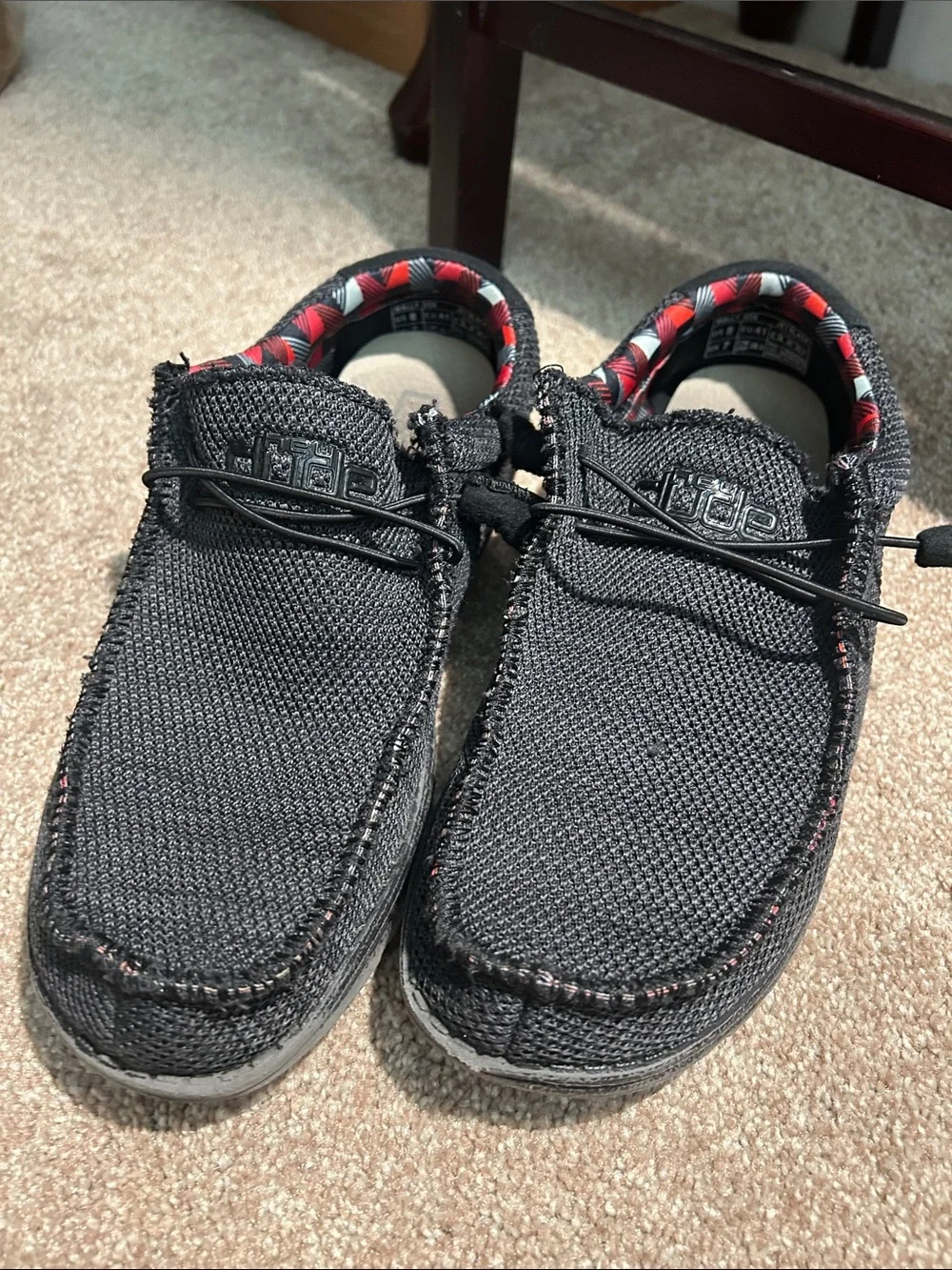 Hey Dude Black Knit Slip-On Loafers with Red-Trim Interior
